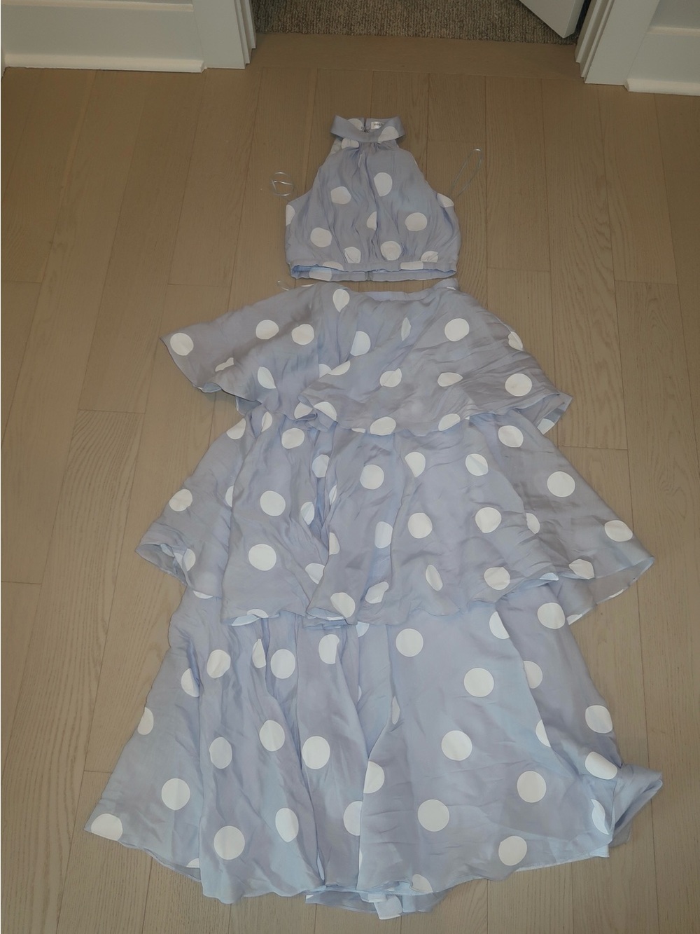 vestique Light Blue and White Polka Dot Maxi Dress